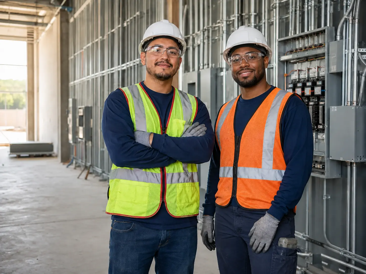 Two male electrical professionals wearing PPE at a commercial construction site