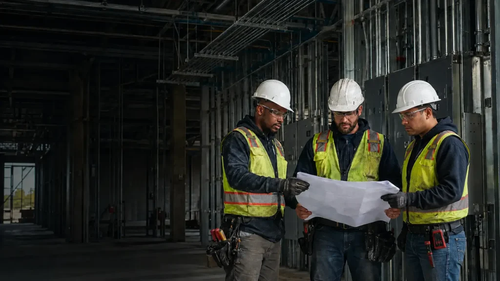 Three distinct male electricians reviewing project plans inside a commercial construction site