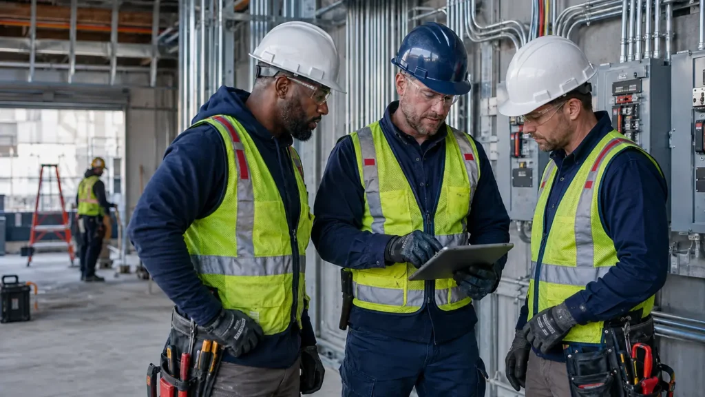 Three male electricians planning electrical labor requirements with a tablet